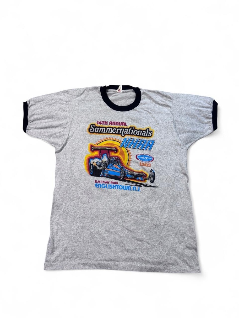 VTG 1983 NHRA summernationals drag racing ringer tee grey L mens made in USA
